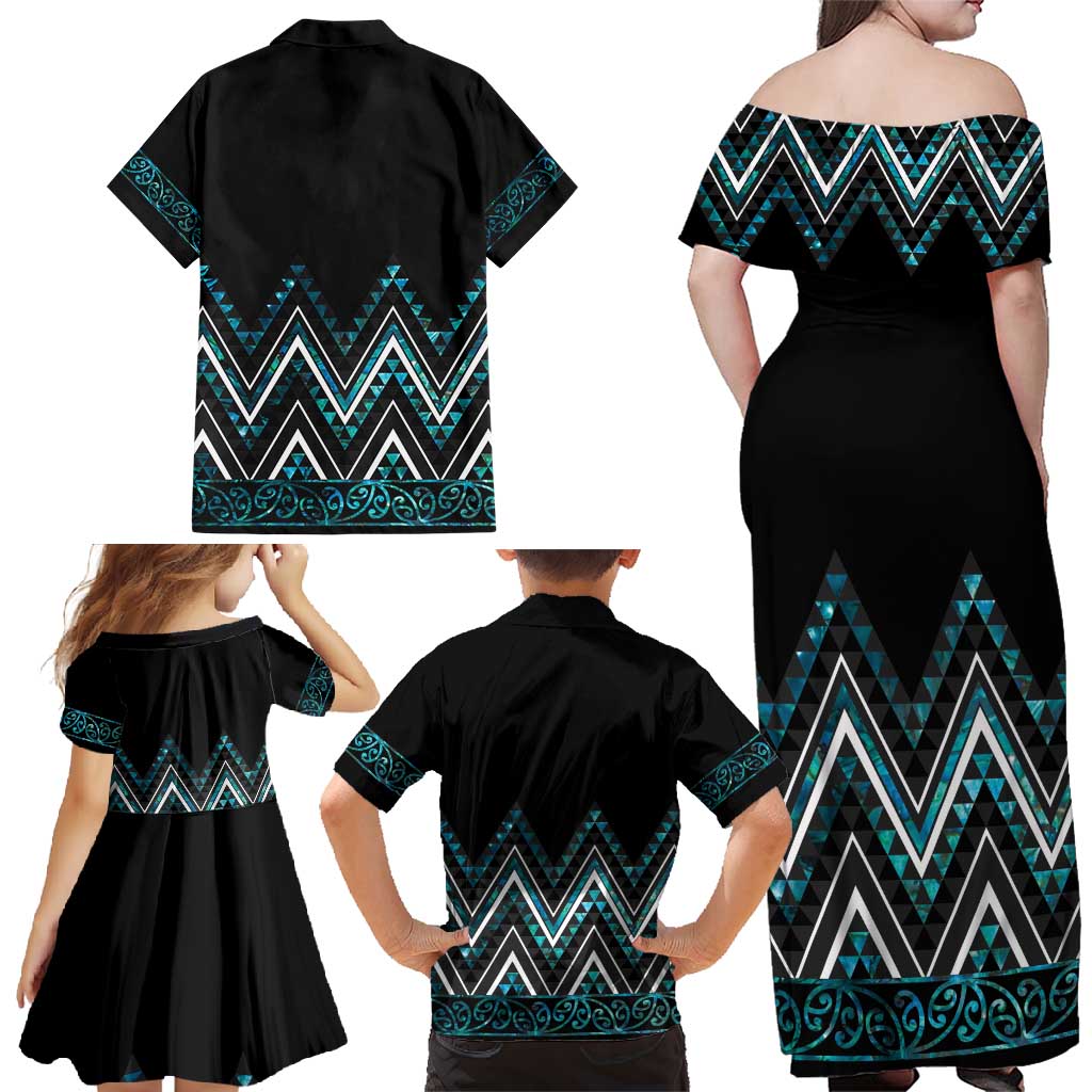 Paua Shell Aotearoa Mangopare Kowhaiwhai and Niho Taniwha Family Matching Off Shoulder Maxi Dress and Hawaiian Shirt Maori New Zealand LT14 - Polynesian Pride