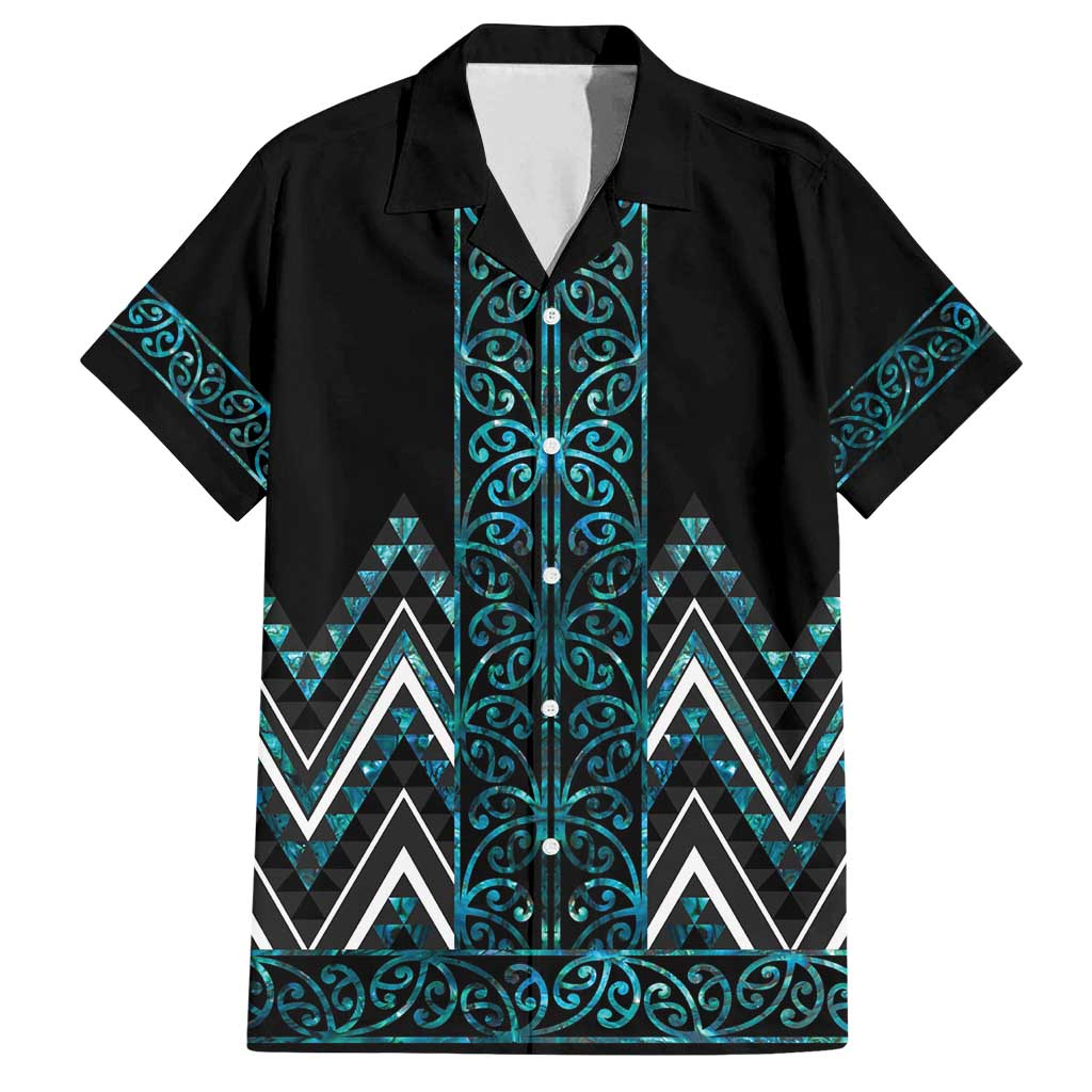 Paua Shell Aotearoa Mangopare Kowhaiwhai and Niho Taniwha Family Matching Off Shoulder Maxi Dress and Hawaiian Shirt Maori New Zealand LT14 Dad's Shirt - Short Sleeve Turquoise - Polynesian Pride