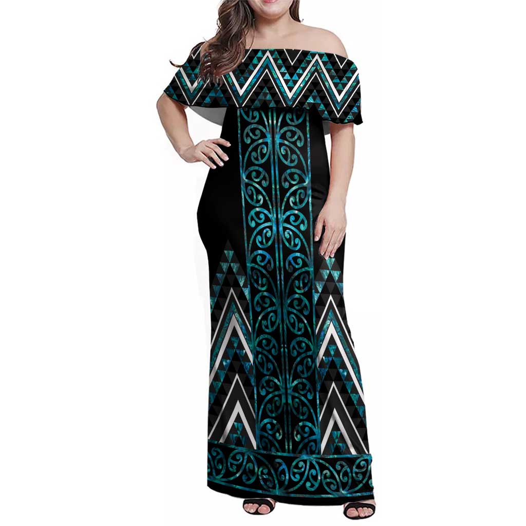 Paua Shell Aotearoa Mangopare Kowhaiwhai and Niho Taniwha Family Matching Off Shoulder Maxi Dress and Hawaiian Shirt Maori New Zealand LT14 Mom's Dress Turquoise - Polynesian Pride