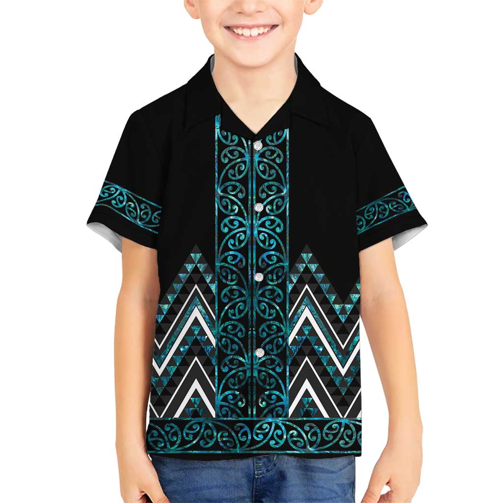 Paua Shell Aotearoa Mangopare Kowhaiwhai and Niho Taniwha Family Matching Off Shoulder Maxi Dress and Hawaiian Shirt Maori New Zealand LT14 Son's Shirt Turquoise - Polynesian Pride