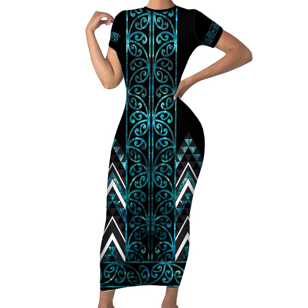 Paua Shell Aotearoa Mangopare Kowhaiwhai and Niho Taniwha Family Matching Short Sleeve Bodycon Dress and Hawaiian Shirt Maori New Zealand LT14 Mom's Dress Turquoise - Polynesian Pride