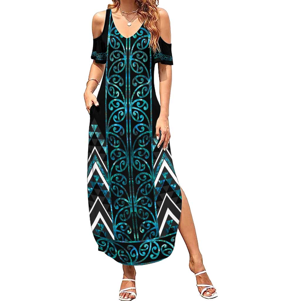 Paua Shell Aotearoa Mangopare Kowhaiwhai and Niho Taniwha Family Matching Summer Maxi Dress and Hawaiian Shirt Maori New Zealand LT14 Mom's Dress Turquoise - Polynesian Pride