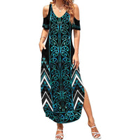 Paua Shell Aotearoa Mangopare Kowhaiwhai and Niho Taniwha Family Matching Summer Maxi Dress and Hawaiian Shirt Maori New Zealand LT14 Mom's Dress Turquoise - Polynesian Pride