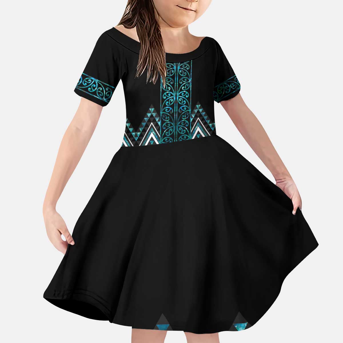 Paua Shell Aotearoa Mangopare Kowhaiwhai and Niho Taniwha Kid Short Sleeve Dress Maori New Zealand LT14 KID Turquoise - Polynesian Pride