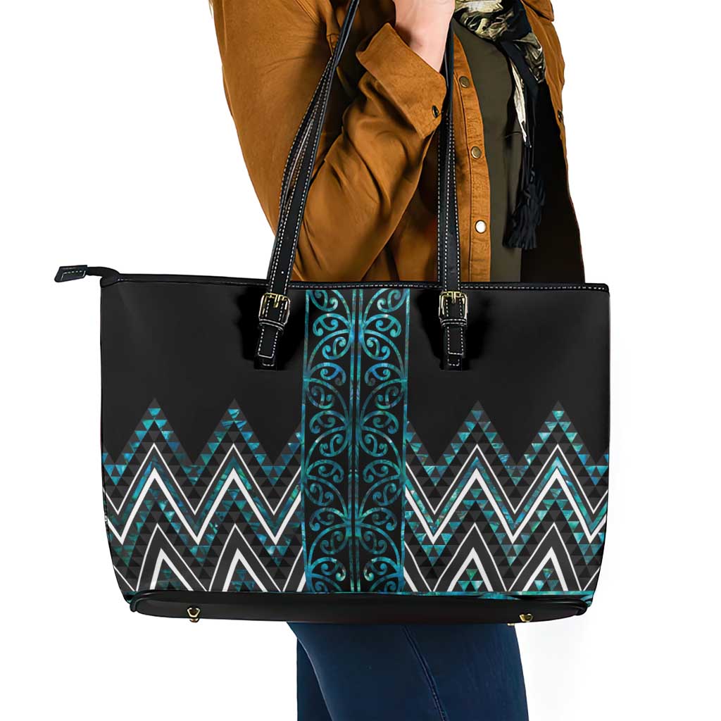 Paua Shell Aotearoa Mangopare Kowhaiwhai and Niho Taniwha Leather Tote Bag Maori New Zealand