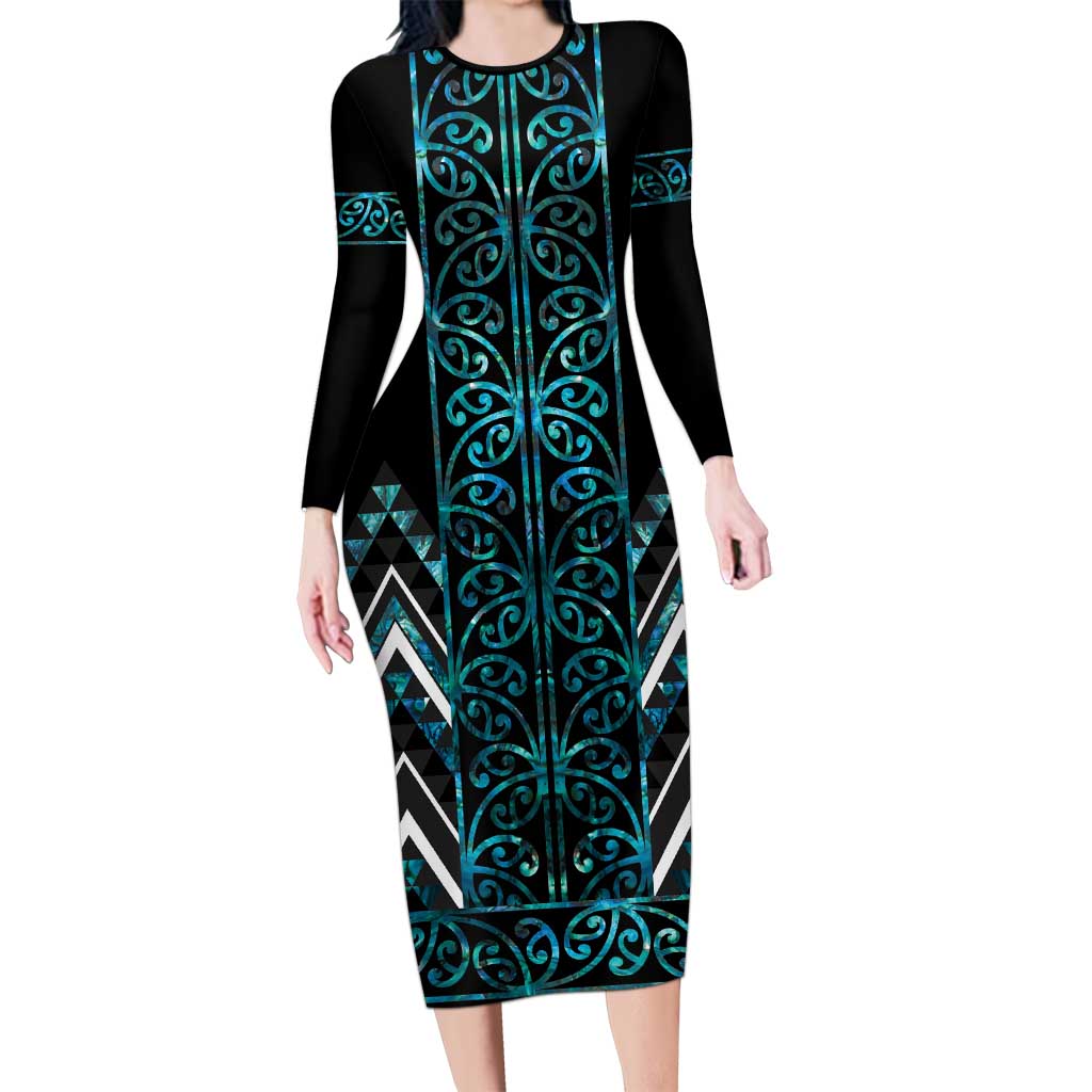 Paua Shell Aotearoa Mangopare Kowhaiwhai and Niho Taniwha Long Sleeve Bodycon Dress Maori New Zealand LT14 Long Dress Turquoise - Polynesian Pride