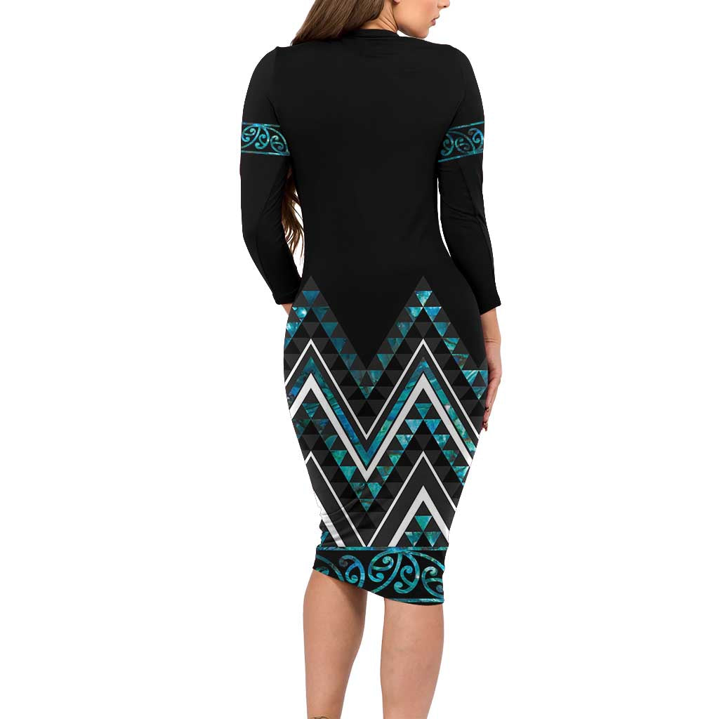 Paua Shell Aotearoa Mangopare Kowhaiwhai and Niho Taniwha Long Sleeve Bodycon Dress Maori New Zealand LT14 - Polynesian Pride