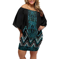 Paua Shell Aotearoa Mangopare Kowhaiwhai and Niho Taniwha Off Shoulder Short Dress Maori New Zealand LT14 Women Turquoise - Polynesian Pride