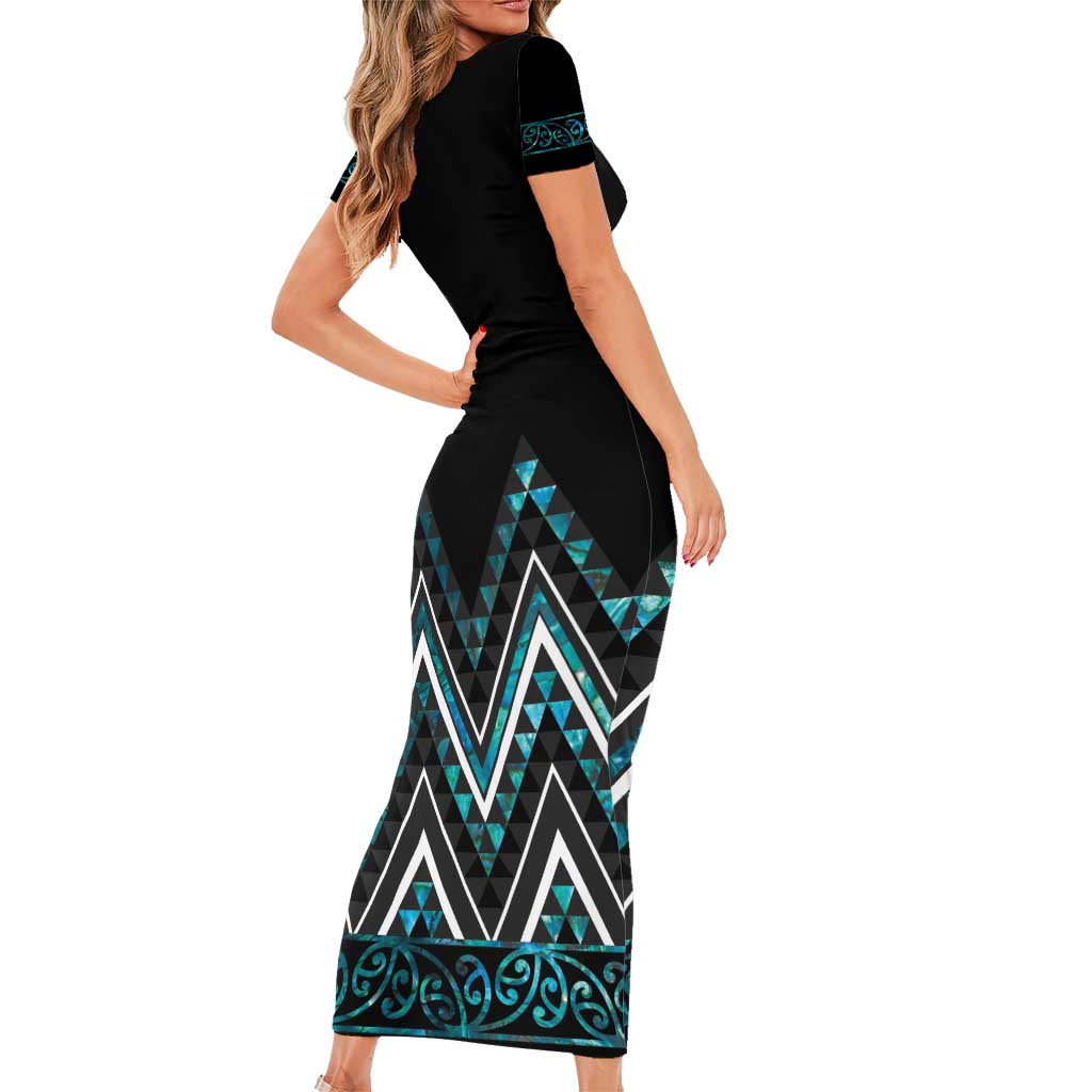Paua Shell Aotearoa Mangopare Kowhaiwhai and Niho Taniwha Short Sleeve Bodycon Dress Maori New Zealand LT14 - Polynesian Pride