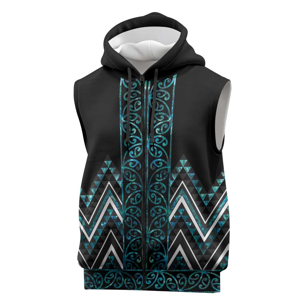 Paua Shell Aotearoa Mangopare Kowhaiwhai Niho Taniwha Sleeveless Zip Hoodie Maori New Zealand LT14 Turquoise - Polynesian Pride