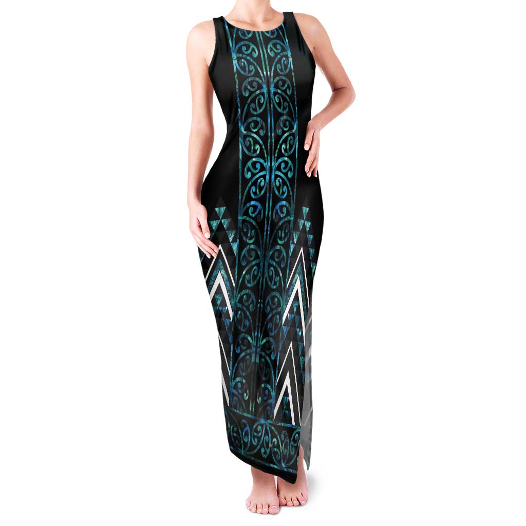 Paua Shell Aotearoa Mangopare Kowhaiwhai and Niho Taniwha Tank Maxi Dress Maori New Zealand LT14 Women Turquoise - Polynesian Pride