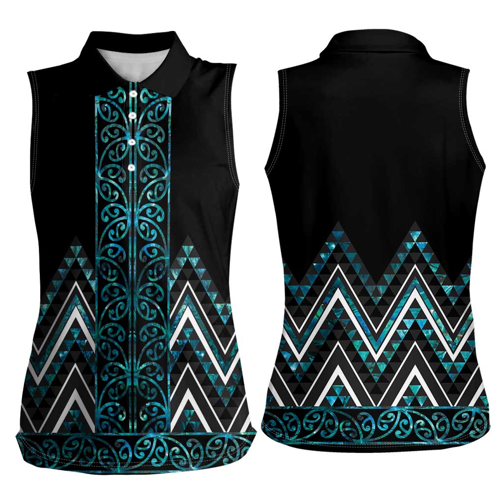 Paua Shell Aotearoa Mangopare Kowhaiwhai and Niho Taniwha Women Sleeveless Polo Shirt Maori New Zealand