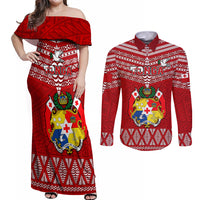 Tonga Rugby Couples Matching Off Shoulder Maxi Dress and Long Sleeve Button Shirts 2023 World Cup Tongan Kupesi Ngatu Pattern LT14 Red - Polynesian Pride