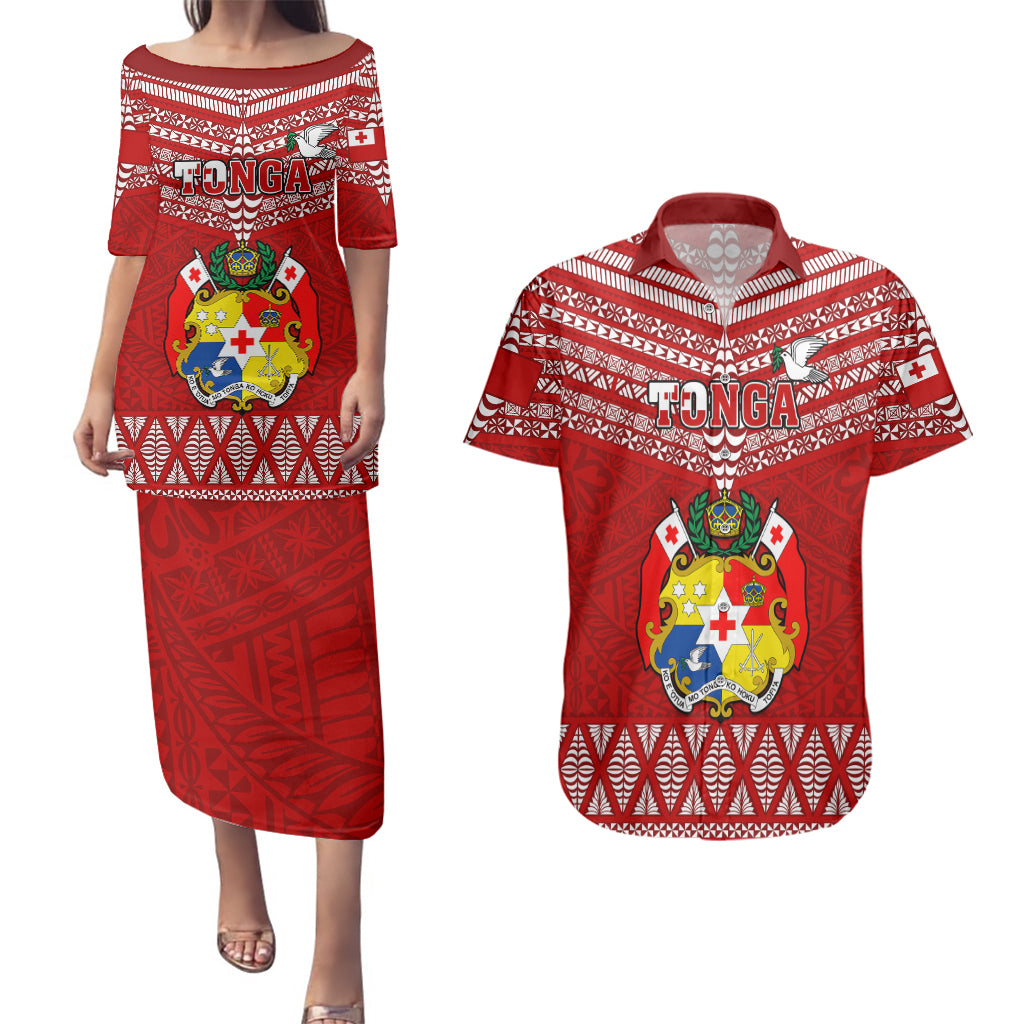 Tonga Rugby Couples Matching Puletasi Dress and Hawaiian Shirt 2023 World Cup Tongan Kupesi Ngatu Pattern LT14 Red - Polynesian Pride