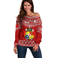 Tonga Rugby Off Shoulder Sweater 2023 World Cup Tongan Kupesi Ngatu Pattern LT14 Women Red - Polynesian Pride