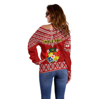 Tonga Rugby Off Shoulder Sweater 2023 World Cup Tongan Kupesi Ngatu Pattern LT14 - Polynesian Pride