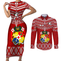 Custom Tonga Rugby Couples Matching Short Sleeve Bodycon Dress and Long Sleeve Button Shirts 2023 World Cup Tongan Kupesi Ngatu Pattern LT14 Red - Polynesian Pride