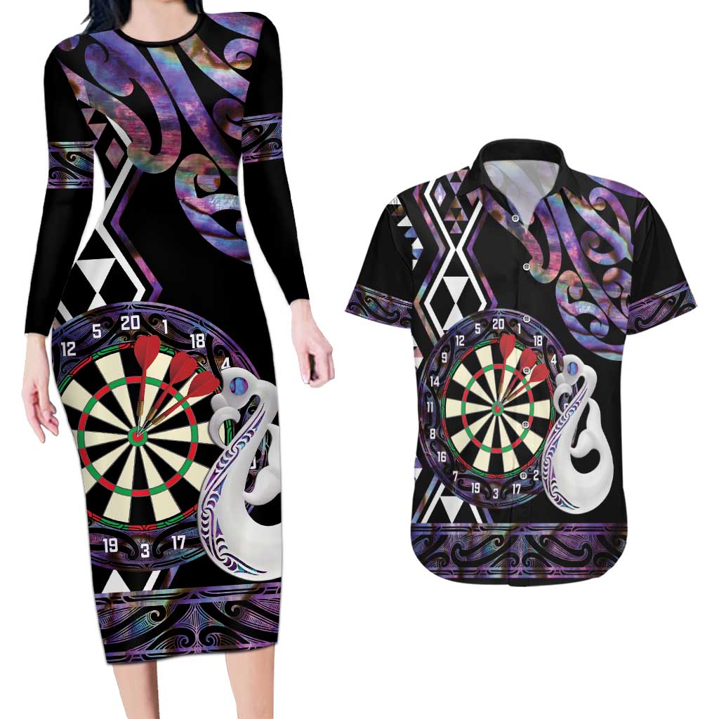 Personalised New Zealand Darts Couples Matching Long Sleeve Bodycon Dress and Hawaiian Shirt Ngutukaka Manaia Taniko Luxury Purple LT14 Purple - Polynesian Pride