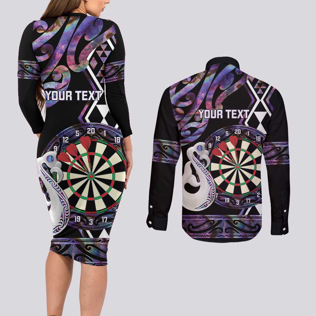 Personalised New Zealand Darts Couples Matching Long Sleeve Bodycon Dress and Long Sleeve Button Shirt Ngutukaka Manaia Taniko Luxury Purple LT14 - Polynesian Pride