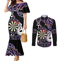 Personalised New Zealand Darts Couples Matching Mermaid Dress and Long Sleeve Button Shirt Ngutukaka Manaia Taniko Luxury Purple LT14 Purple - Polynesian Pride