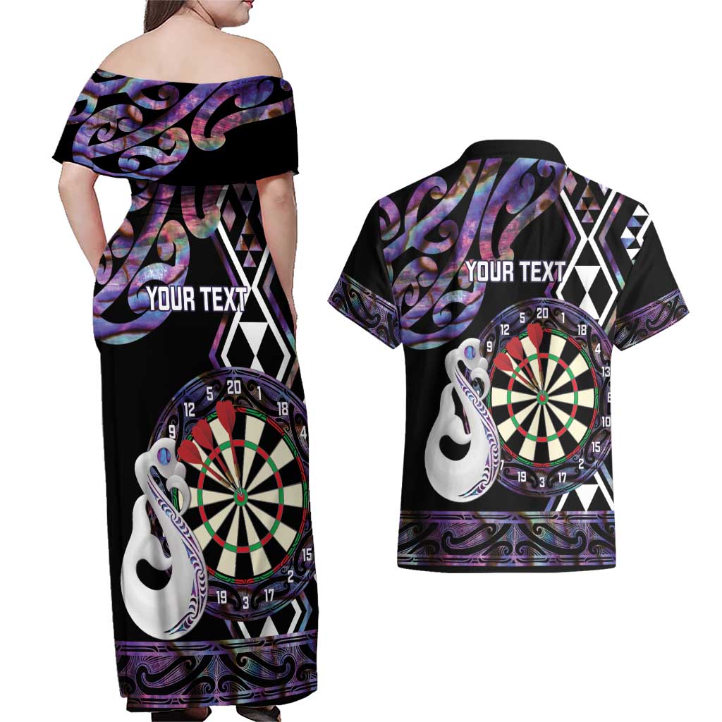 Personalised New Zealand Darts Couples Matching Off Shoulder Maxi Dress and Hawaiian Shirt Ngutukaka Manaia Taniko Luxury Purple LT14 - Polynesian Pride