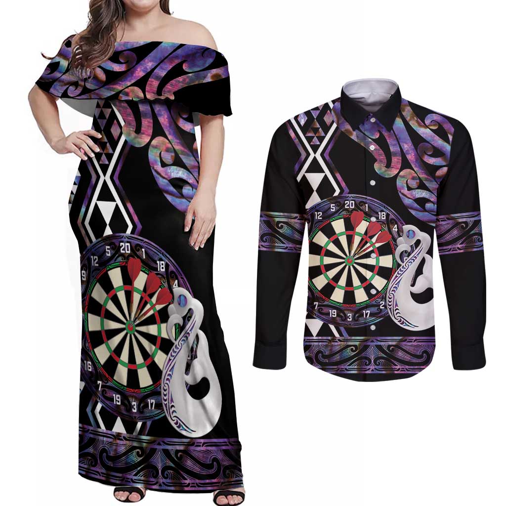 Personalised New Zealand Darts Couples Matching Off Shoulder Maxi Dress and Long Sleeve Button Shirt Ngutukaka Manaia Taniko Luxury Purple LT14 Purple - Polynesian Pride