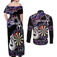 Personalised New Zealand Darts Couples Matching Off Shoulder Maxi Dress and Long Sleeve Button Shirt Ngutukaka Manaia Taniko Luxury Purple LT14 - Polynesian Pride