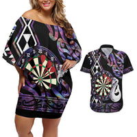 Personalised New Zealand Darts Couples Matching Off Shoulder Short Dress and Hawaiian Shirt Ngutukaka Manaia Taniko Luxury Purple LT14 Purple - Polynesian Pride