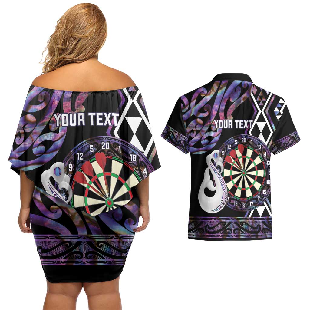 Personalised New Zealand Darts Couples Matching Off Shoulder Short Dress and Hawaiian Shirt Ngutukaka Manaia Taniko Luxury Purple LT14 - Polynesian Pride