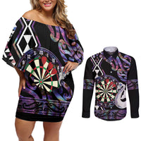 Personalised New Zealand Darts Couples Matching Off Shoulder Short Dress and Long Sleeve Button Shirt Ngutukaka Manaia Taniko Luxury Purple LT14 Purple - Polynesian Pride