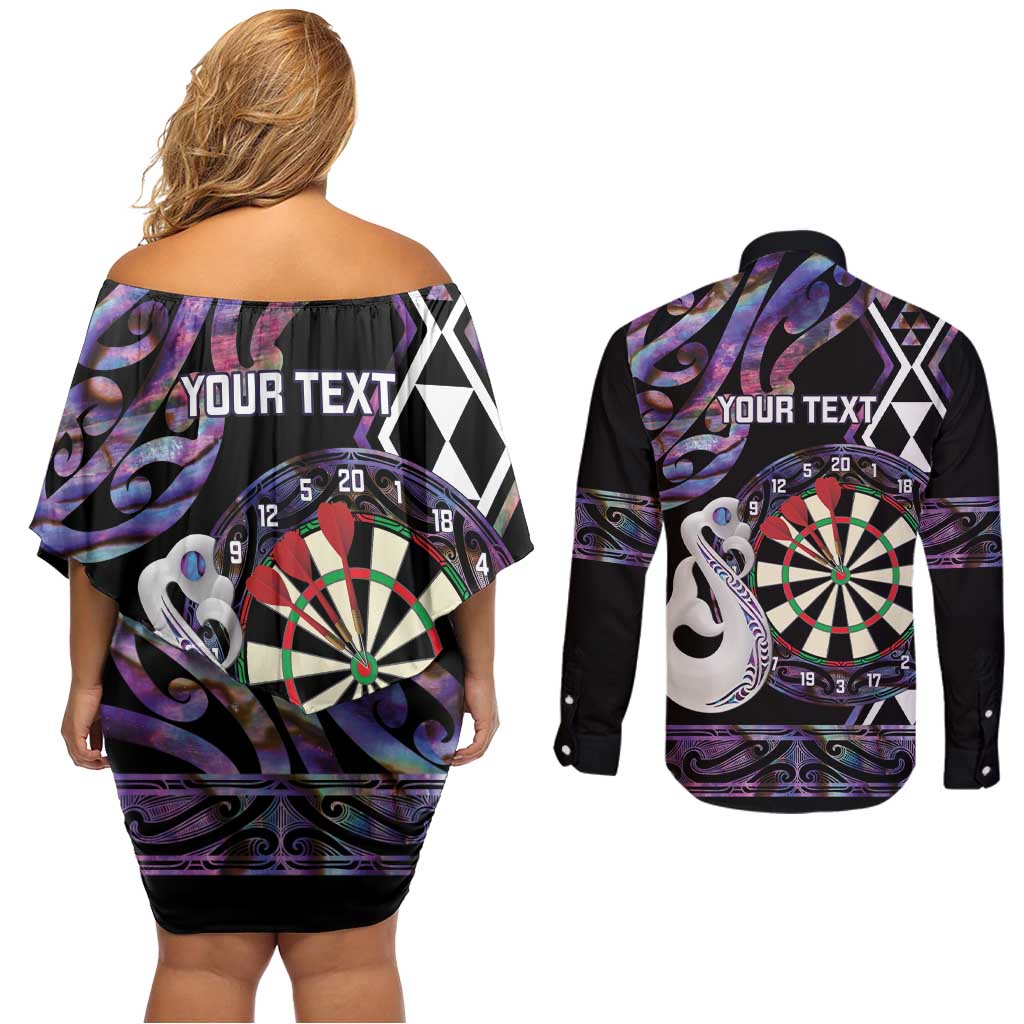 Personalised New Zealand Darts Couples Matching Off Shoulder Short Dress and Long Sleeve Button Shirt Ngutukaka Manaia Taniko Luxury Purple LT14 - Polynesian Pride