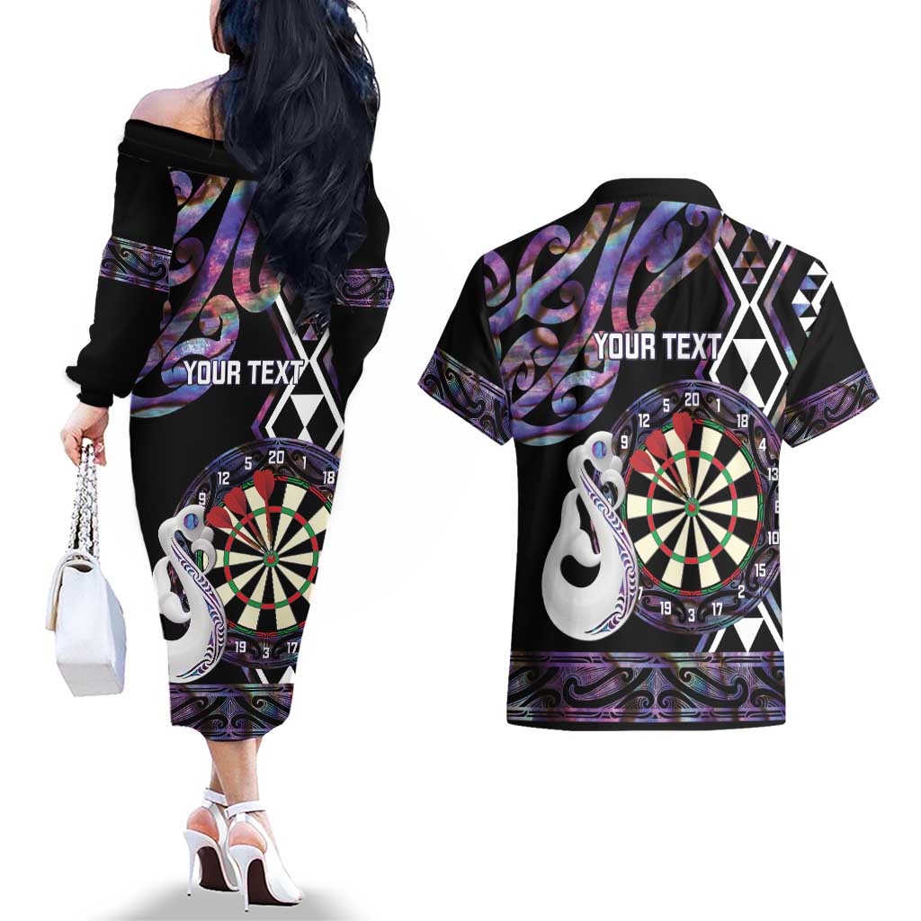 Personalised New Zealand Darts Couples Matching Off The Shoulder Long Sleeve Dress and Hawaiian Shirt Ngutukaka Manaia Taniko Luxury Purple LT14 - Polynesian Pride