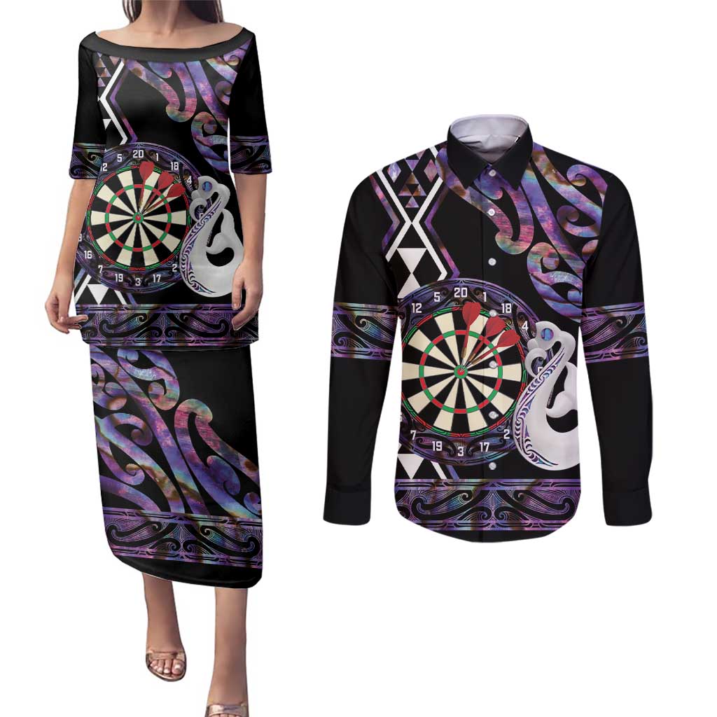 Personalised New Zealand Darts Couples Matching Puletasi and Long Sleeve Button Shirt Ngutukaka Manaia Taniko Luxury Purple LT14 Purple - Polynesian Pride