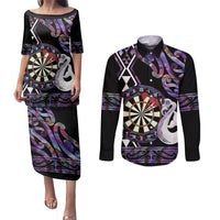 Personalised New Zealand Darts Couples Matching Puletasi and Long Sleeve Button Shirt Ngutukaka Manaia Taniko Luxury Purple LT14 Purple - Polynesian Pride
