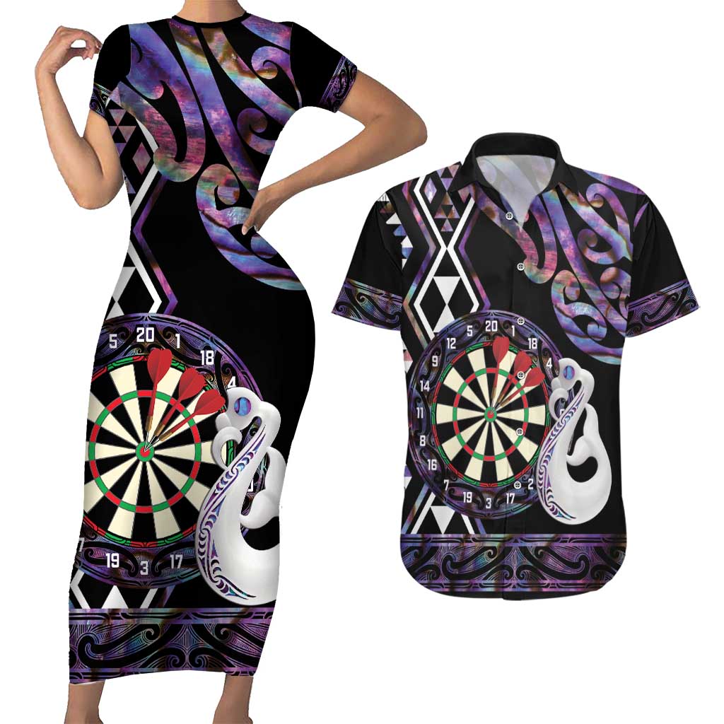 Personalised New Zealand Darts Couples Matching Short Sleeve Bodycon Dress and Hawaiian Shirt Ngutukaka Manaia Taniko Luxury Purple LT14 Purple - Polynesian Pride