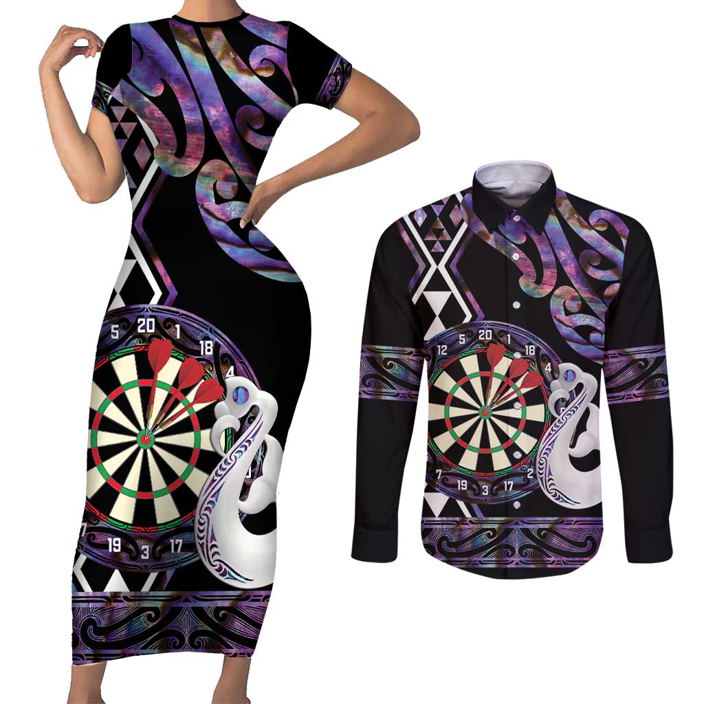 Personalised New Zealand Darts Couples Matching Short Sleeve Bodycon Dress and Long Sleeve Button Shirt Ngutukaka Manaia Taniko Luxury Purple LT14 Purple - Polynesian Pride