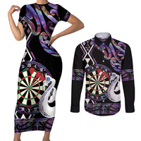 Personalised New Zealand Darts Couples Matching Short Sleeve Bodycon Dress and Long Sleeve Button Shirt Ngutukaka Manaia Taniko Luxury Purple LT14 Purple - Polynesian Pride