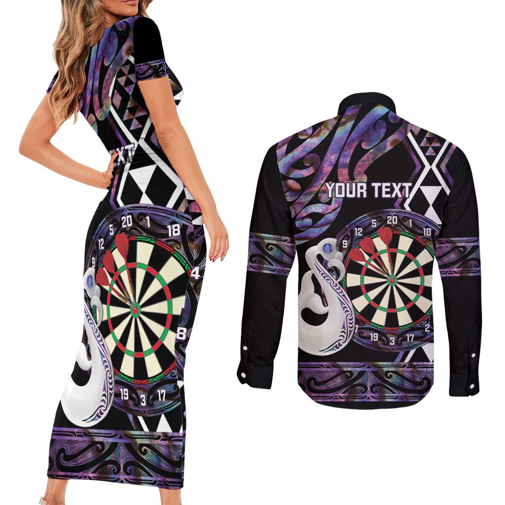 Personalised New Zealand Darts Couples Matching Short Sleeve Bodycon Dress and Long Sleeve Button Shirt Ngutukaka Manaia Taniko Luxury Purple LT14 - Polynesian Pride
