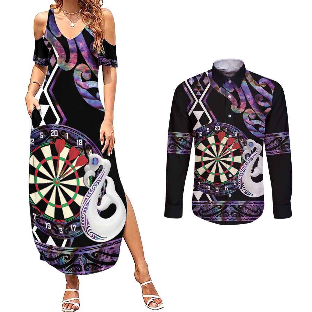 Personalised New Zealand Darts Couples Matching Summer Maxi Dress and Long Sleeve Button Shirt Ngutukaka Manaia Taniko Luxury Purple LT14 Purple - Polynesian Pride