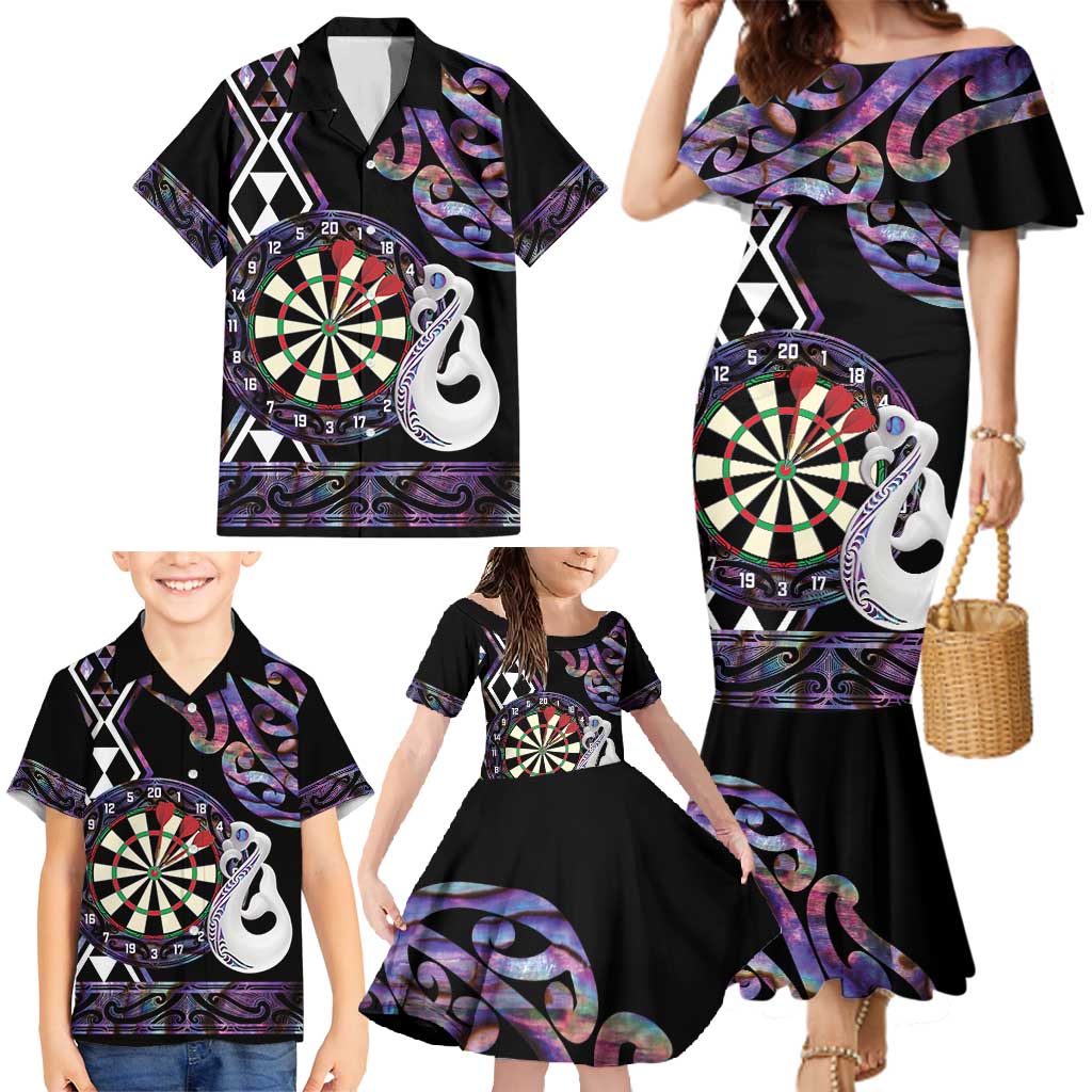 Personalised New Zealand Darts Family Matching Mermaid Dress and Hawaiian Shirt Ngutukaka Manaia Taniko Luxury Purple LT14 - Polynesian Pride