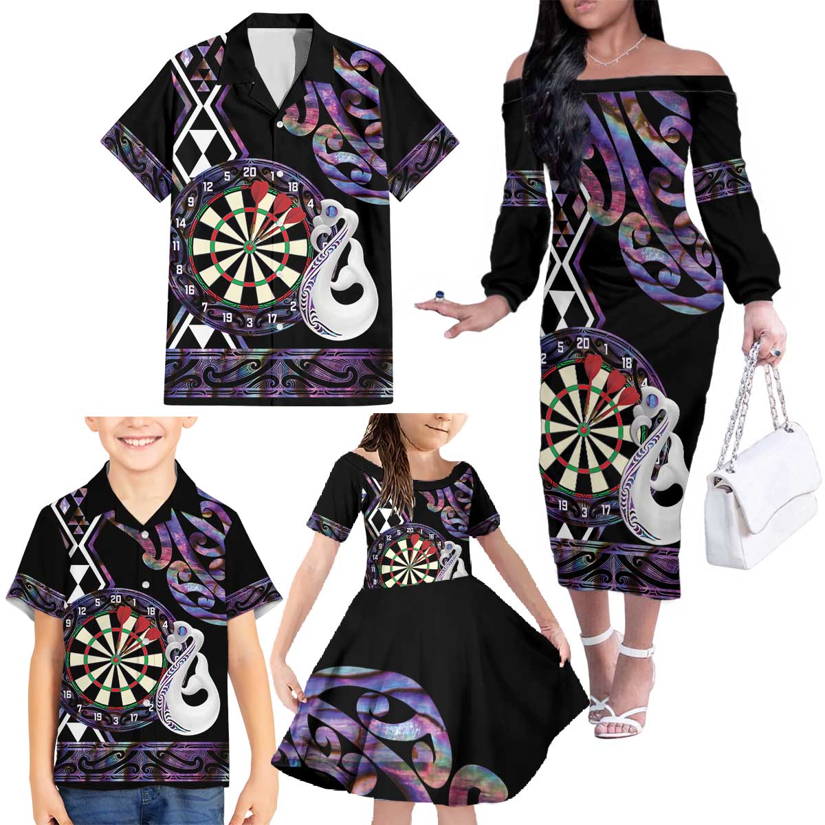 Personalised New Zealand Darts Family Matching Off The Shoulder Long Sleeve Dress and Hawaiian Shirt Ngutukaka Manaia Taniko Luxury Purple LT14 - Polynesian Pride