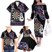Personalised New Zealand Darts Family Matching Off The Shoulder Long Sleeve Dress and Hawaiian Shirt Ngutukaka Manaia Taniko Luxury Purple LT14 - Polynesian Pride