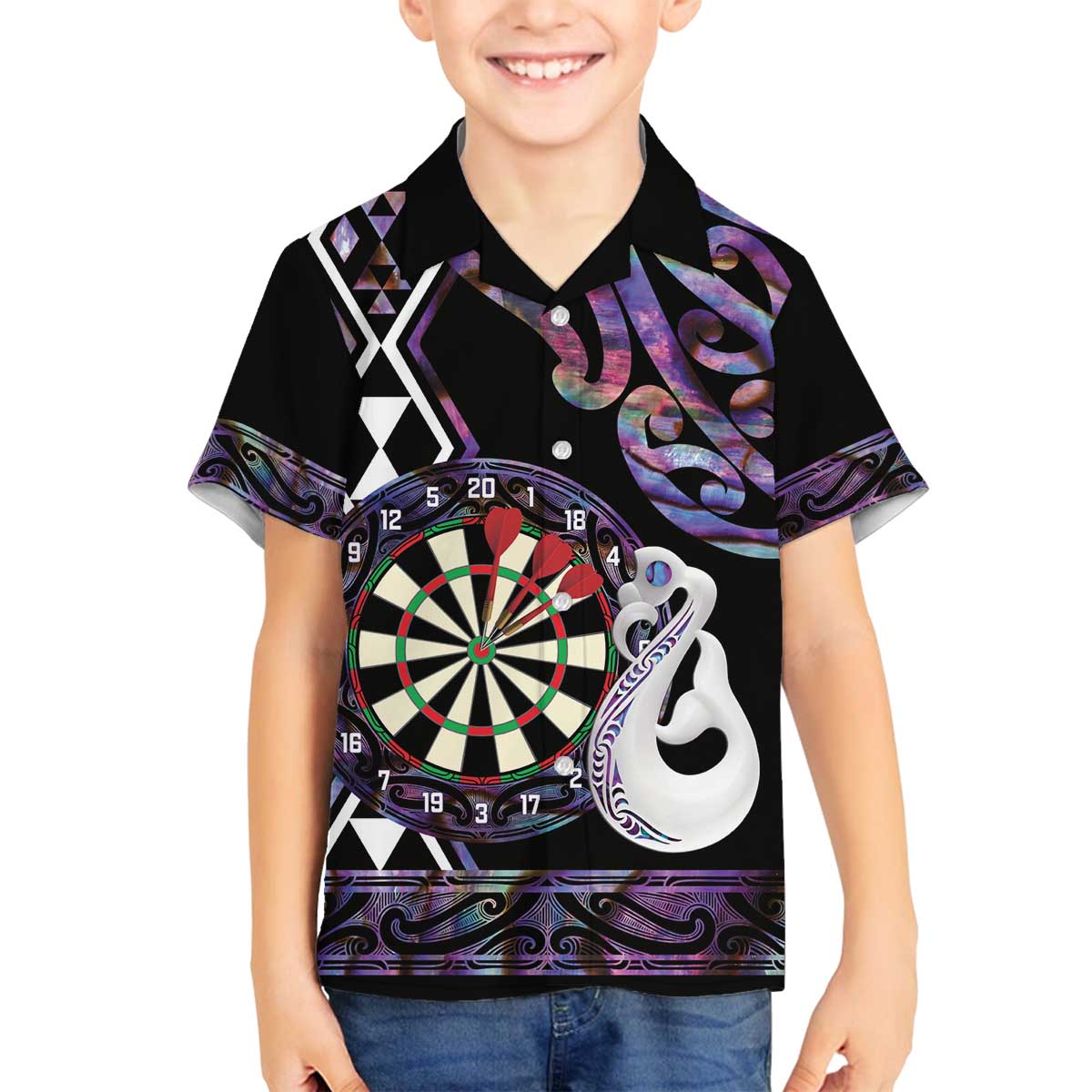 Personalised New Zealand Darts Family Matching Off The Shoulder Long Sleeve Dress and Hawaiian Shirt Ngutukaka Manaia Taniko Luxury Purple LT14 Son's Shirt Purple - Polynesian Pride