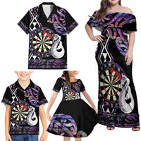Personalised New Zealand Darts Family Matching Off Shoulder Maxi Dress and Hawaiian Shirt Ngutukaka Manaia Taniko Luxury Purple LT14 - Polynesian Pride