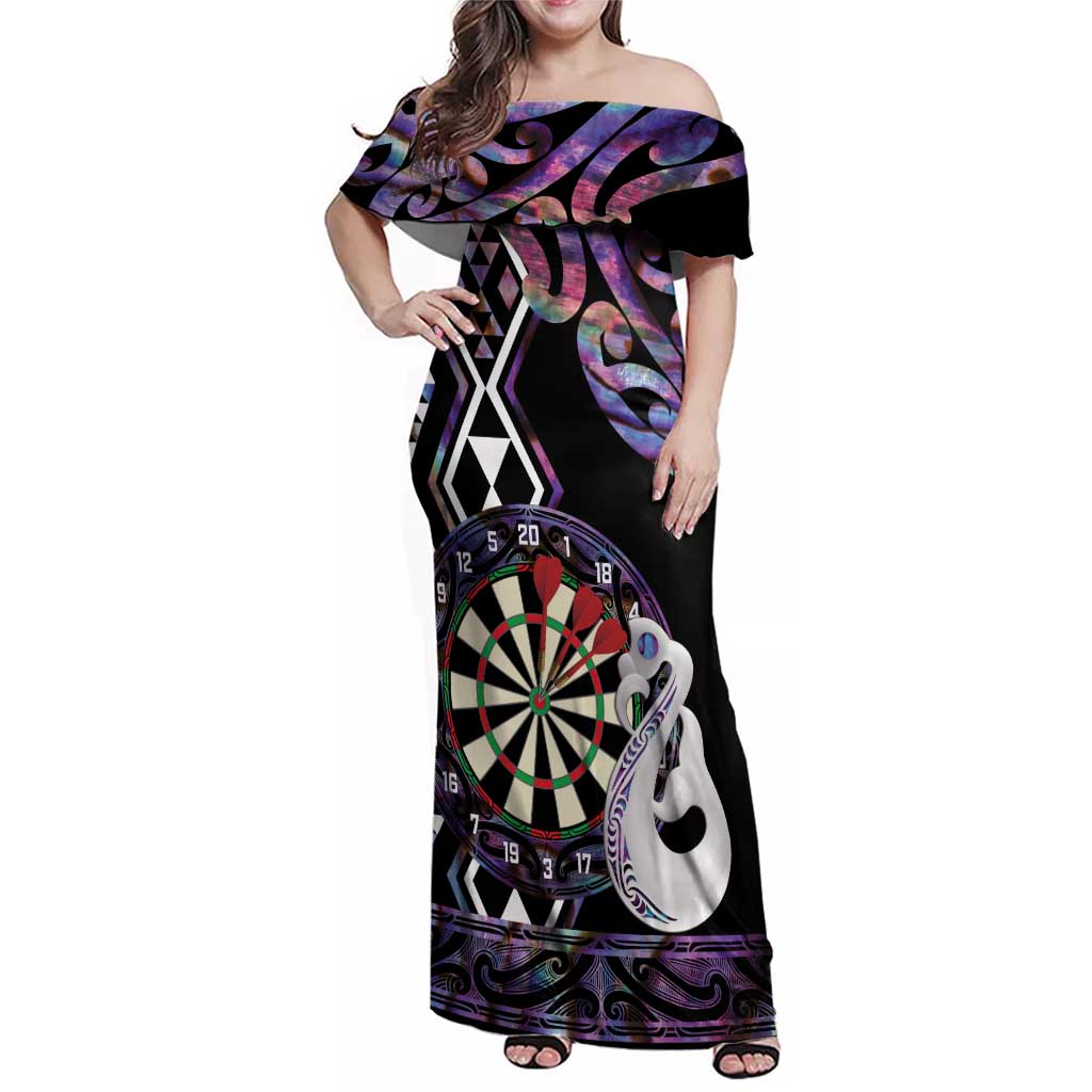 Personalised New Zealand Darts Family Matching Off Shoulder Maxi Dress and Hawaiian Shirt Ngutukaka Manaia Taniko Luxury Purple LT14 Mom's Dress Purple - Polynesian Pride
