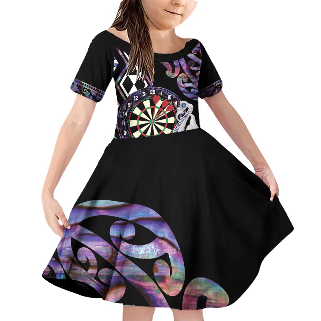 Personalised New Zealand Darts Family Matching Off Shoulder Short Dress and Hawaiian Shirt Ngutukaka Manaia Taniko Luxury Purple LT14 Daughter's Dress Purple - Polynesian Pride
