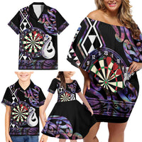Personalised New Zealand Darts Family Matching Off Shoulder Short Dress and Hawaiian Shirt Ngutukaka Manaia Taniko Luxury Purple LT14 - Polynesian Pride