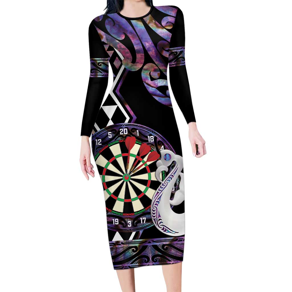 Personalised New Zealand Darts Long Sleeve Bodycon Dress Ngutukaka Manaia Taniko Luxury Purple LT14 Long Dress Purple - Polynesian Pride