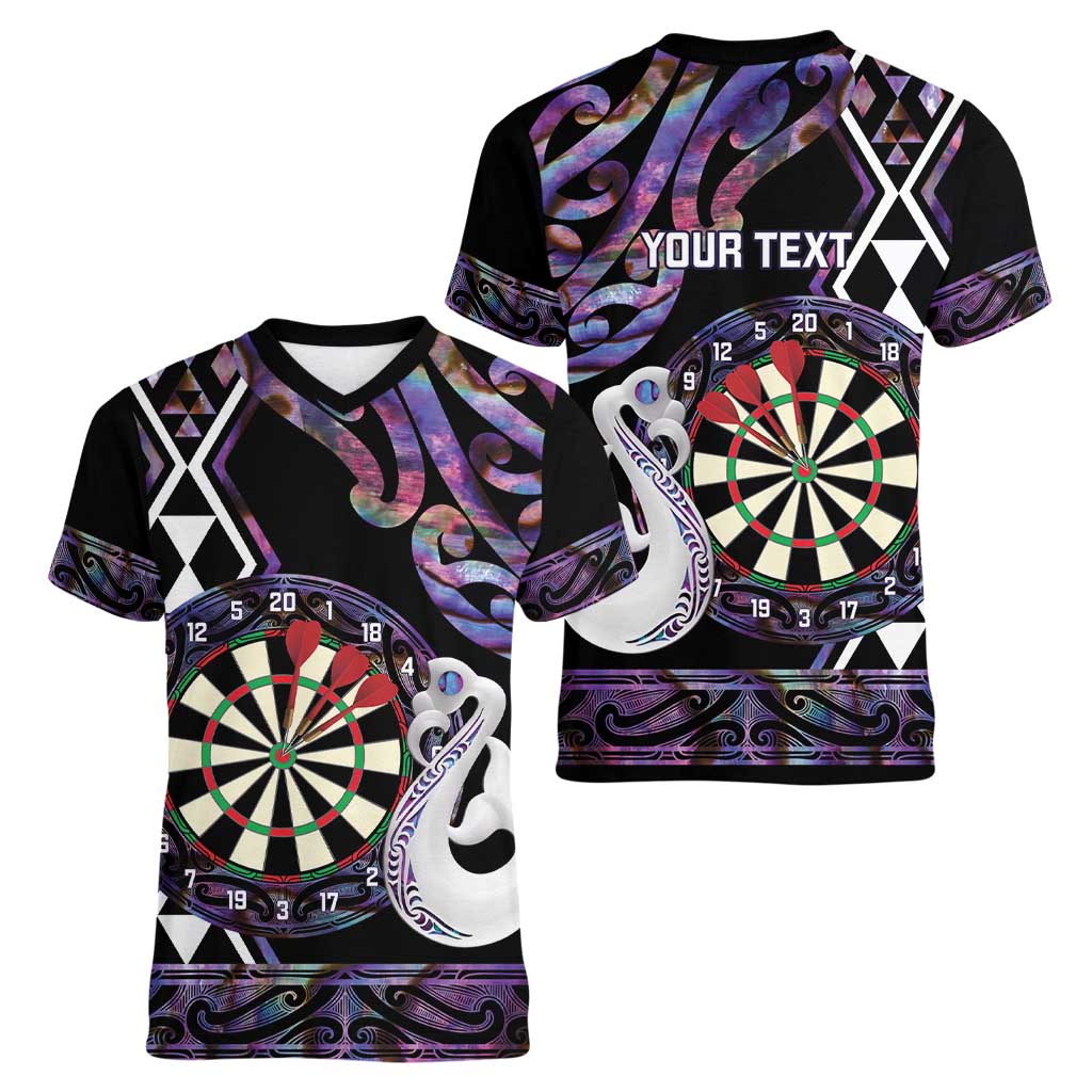 Personalised New Zealand Darts Women V-Neck T-Shirt Ngutukaka Manaia Taniko Luxury Purple LT14 - Polynesian Pride