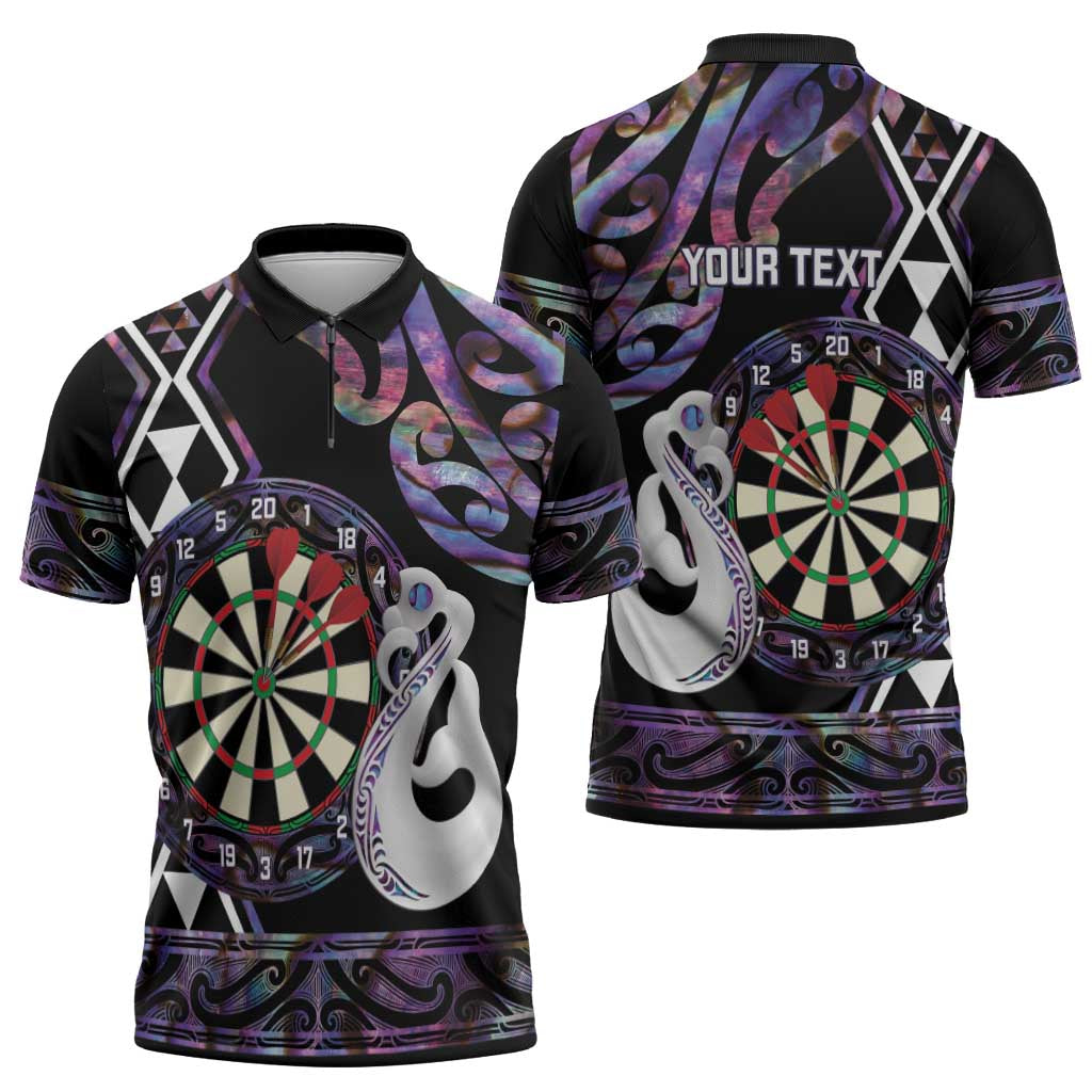Personalised New Zealand Darts Zipper Polo Shirt Ngutukaka Manaia Taniko Luxury Purple - Polynesian Pride